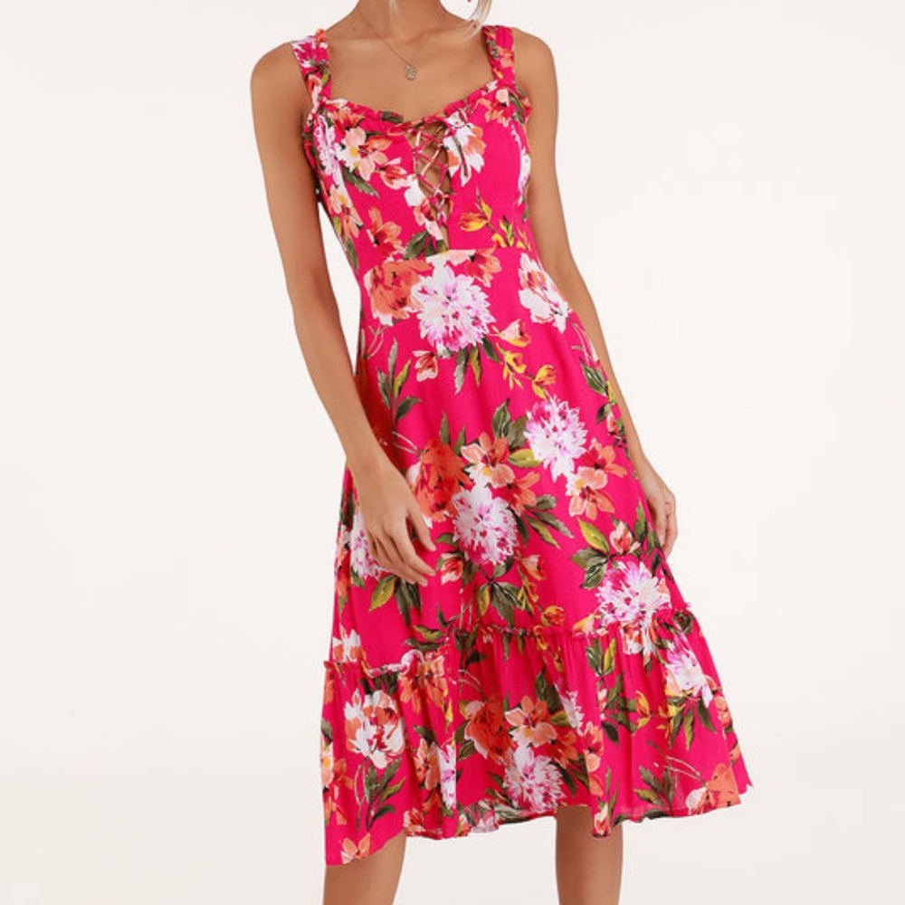 Lulu’s Kayley Fuschia Floral Print Midi Dress